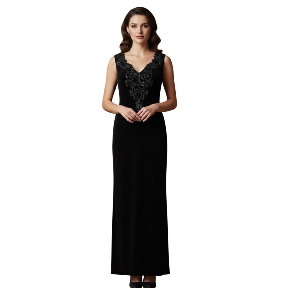 VTG CACHE' Black Velvet Sequins/Beaded Tassels COCKTAIL Evening SHEATH DRESS 8
